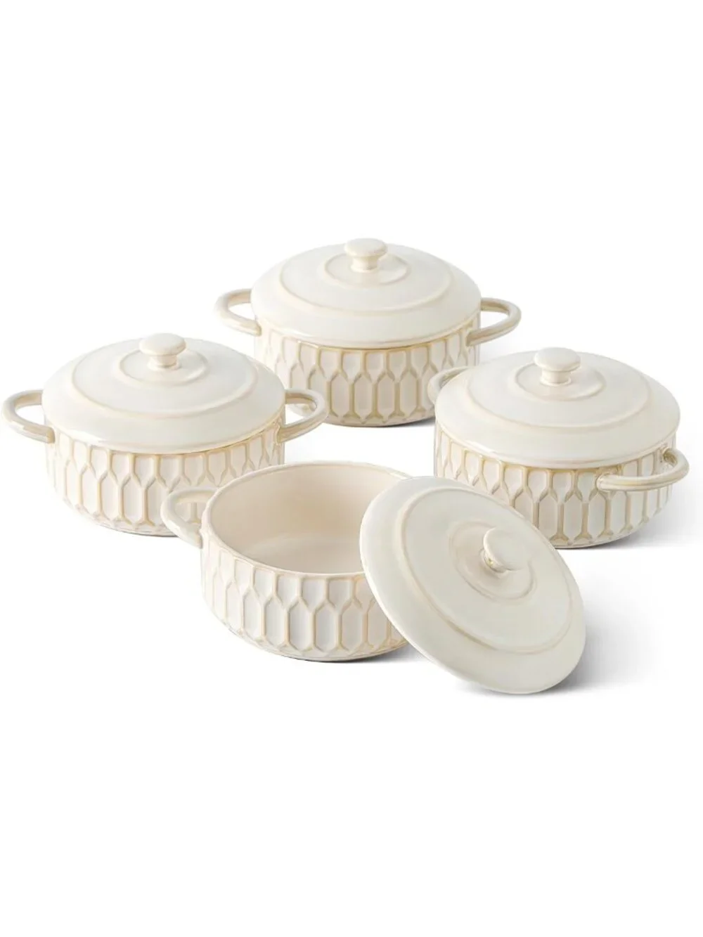 Set of 4 Mini Cocotte Baking Dishes with Lids | Ceramic Casseroles for Soufflé